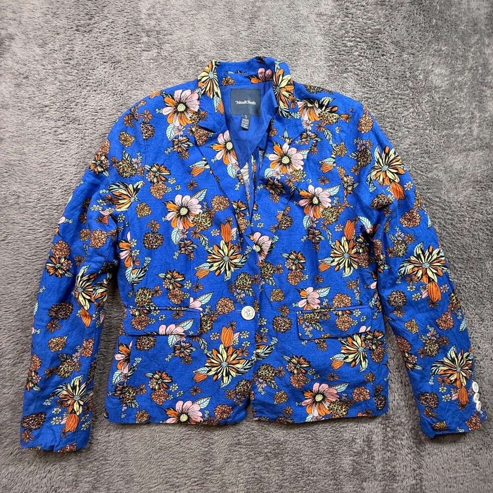 Modcloth Linen Blend Floral Blue Blazer 1 Button Boho Casual Womens L